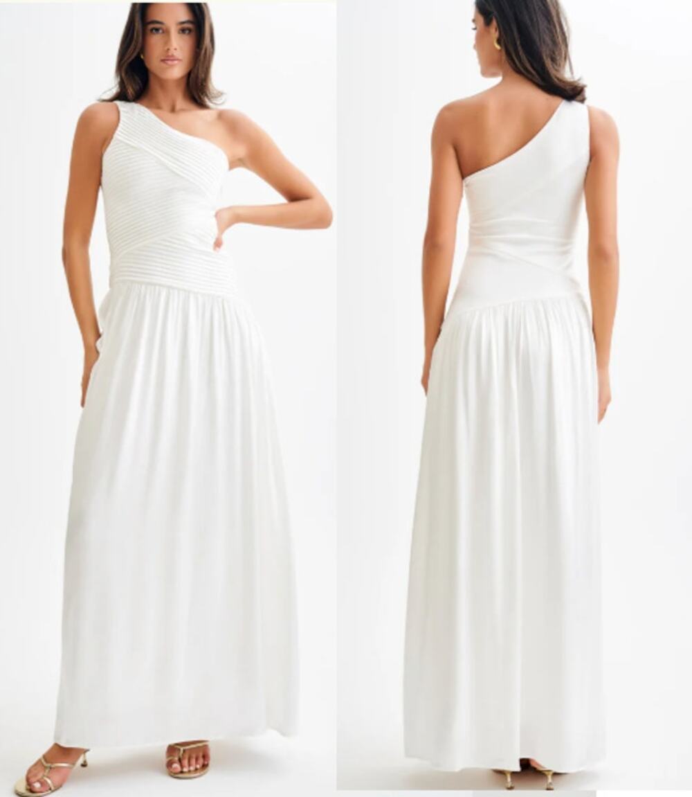 NWT Meshki Jenna Asymmetrical One Shoulder Pleated Maxi Dress Ivory Women's M